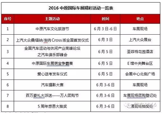 2016中原國際車展精彩活動(dòng)一覽表 2016中原國際車展精彩活動(dòng)一覽表