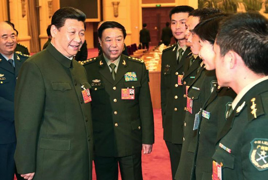 中共中央總書記、中共中央軍委主席習(xí)近平出席十二屆全國人大一次會議解放軍代表團(tuán)全體會議并發(fā)表重要講話。