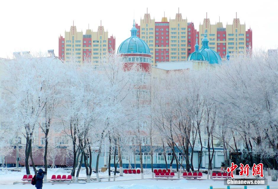 12月10日,受降溫天氣影響,黑河市黑龍江江畔出現(xiàn)綿延數(shù)公里的霧凇景觀。