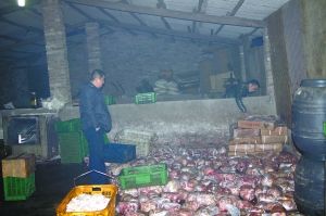  警方現(xiàn)場查獲的大量病死豬肉及“問題”腌臘制品。 沙區(qū)警方供圖