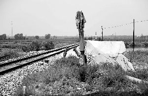 6月30日， 農(nóng)戶用搭建的窩棚和電線桿阻擋了鐵路的施工。新華社發(fā)