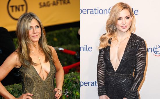 Jennifer Aniston & Kate Hudson出席重要場(chǎng)合也穿低胸裝。（圖片來(lái)源：臺(tái)灣東森新聞云）