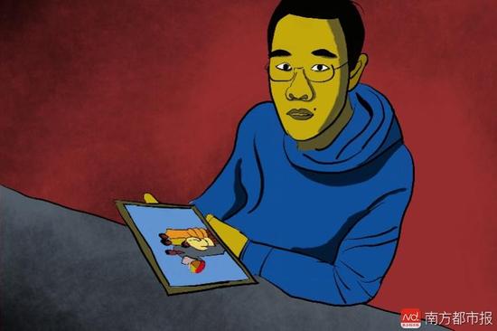 王煥凱看著一家人幸福的合照，黯然神傷，悔不當初。（畫作者：吳斌）