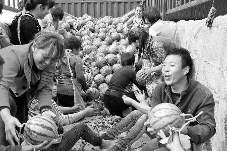 　眼下，內(nèi)黃縣東莊鎮(zhèn)種植的“無公害西瓜”豐收，市場緊俏。圖為5月6日，瓜農(nóng)準備把外銷的西瓜裝車。劉肖