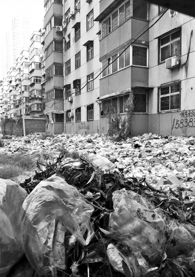 透過擋板縫向內(nèi)看，30多米垃圾已經(jīng)將居民樓包圍。