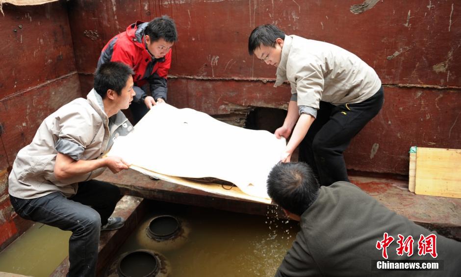 圖為考古現(xiàn)場工作人員小心翼翼將文物取出。