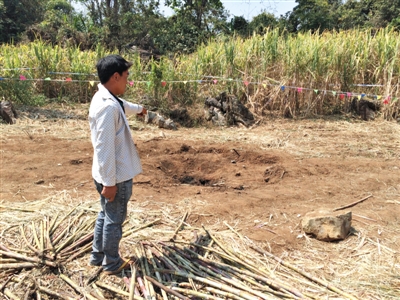昨日，在大水桑樹村，村民向記者展示13日造成5死8傷的炸彈事件彈坑。