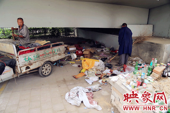 負責高架橋下綠化的人員在清理流浪漢留下的垃圾和雜物。