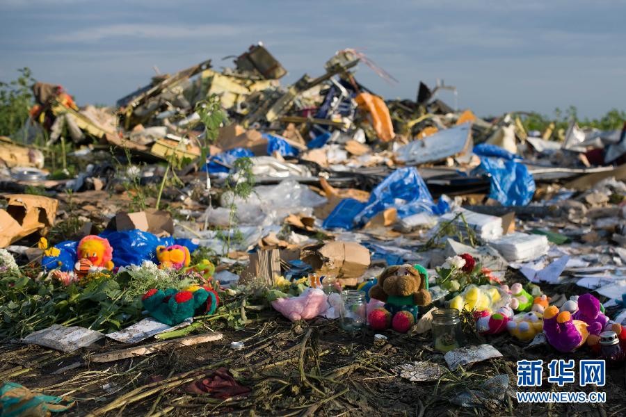 7月19日,在烏克蘭頓涅茨克州拉瑟普諾耶村附近,人們將玩具擺放在馬航MH17航班墜機(jī)現(xiàn)場(chǎng)。