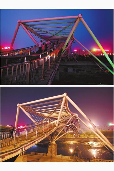 花園路西側(cè)東風(fēng)渠景觀橋，上圖攝于7月31日晚間，下圖攝于10月9日晚間。