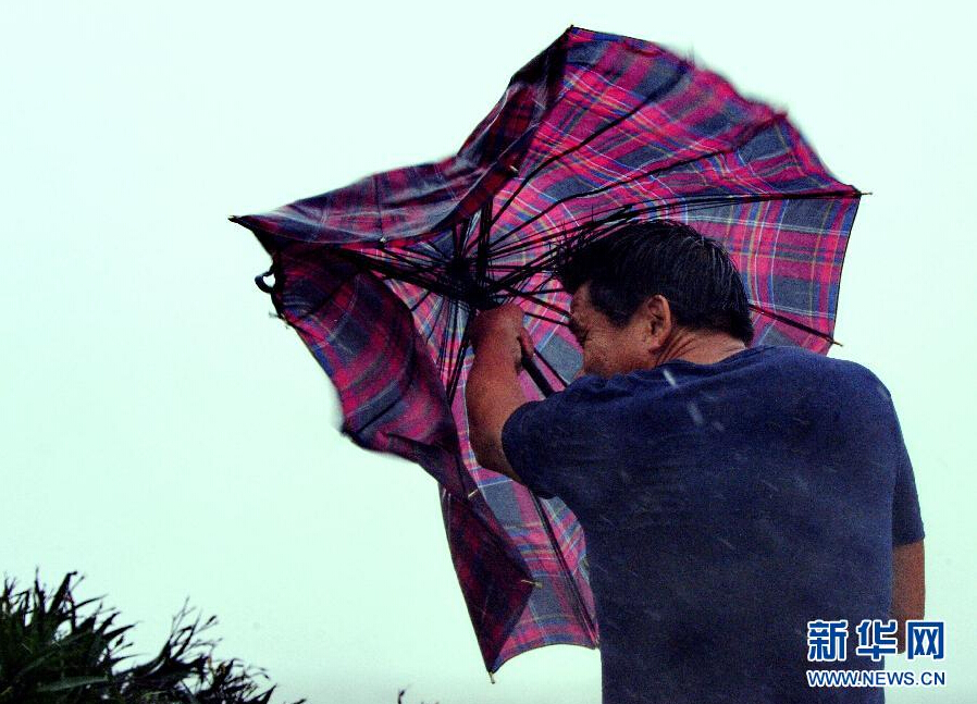 8月8日，福建省石獅市漁民在風(fēng)雨中前行。