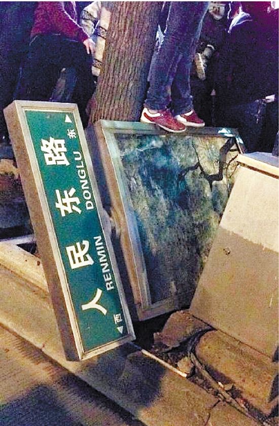 路牌都踩翻，還有人上了樹，城管不出手，也確實不大合適。